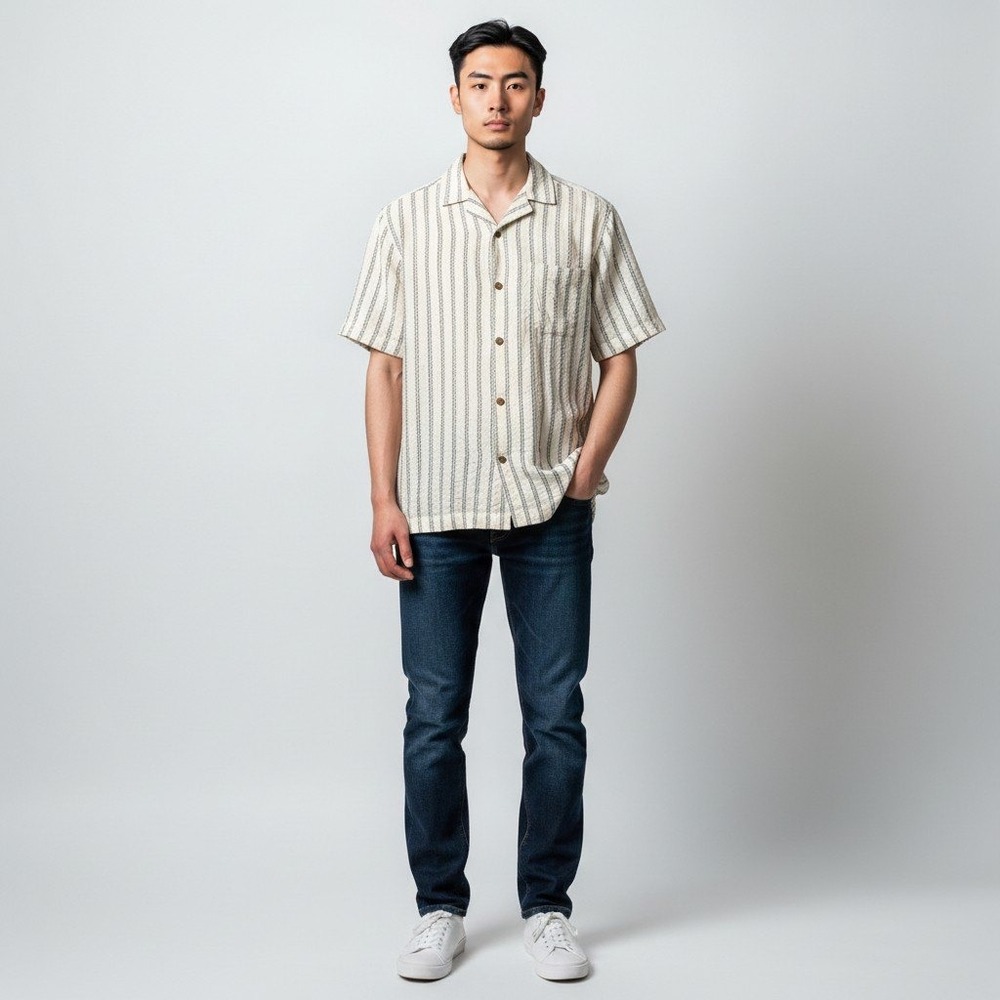 Ben Sherman Button Up Shirt XL White Blue Striped Dobby Cotton Camp Collar